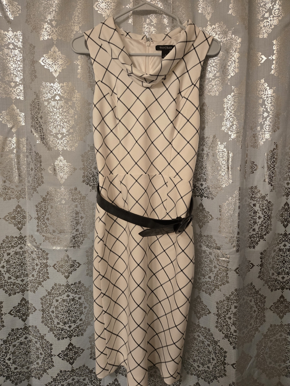 White House Black Market Cream and Black Windowpane Midi Dress
